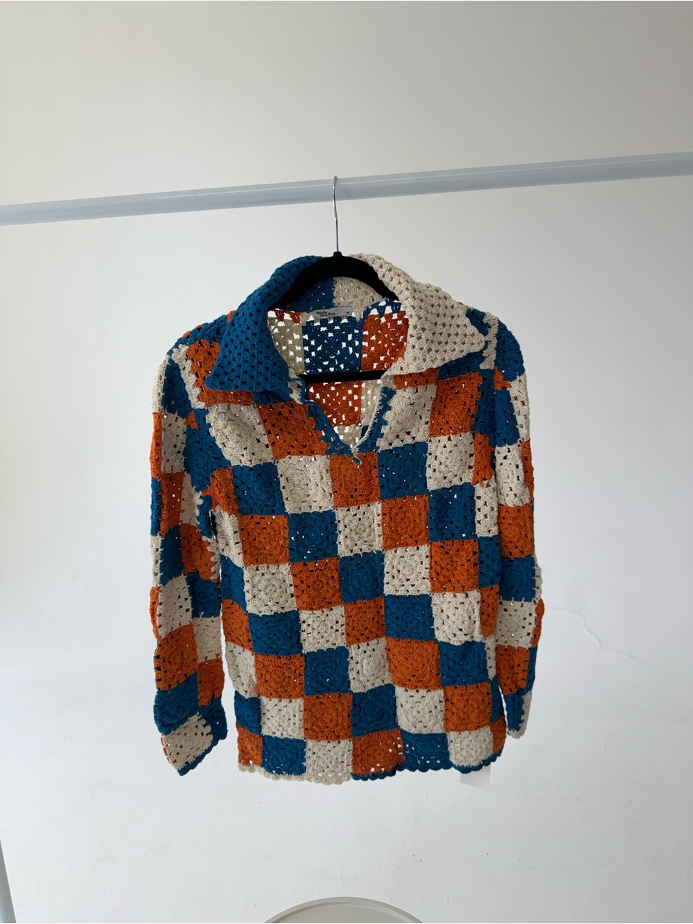 Uncle Studios - Crochet Checkerboard Pullover - Blue, Orange, Cream